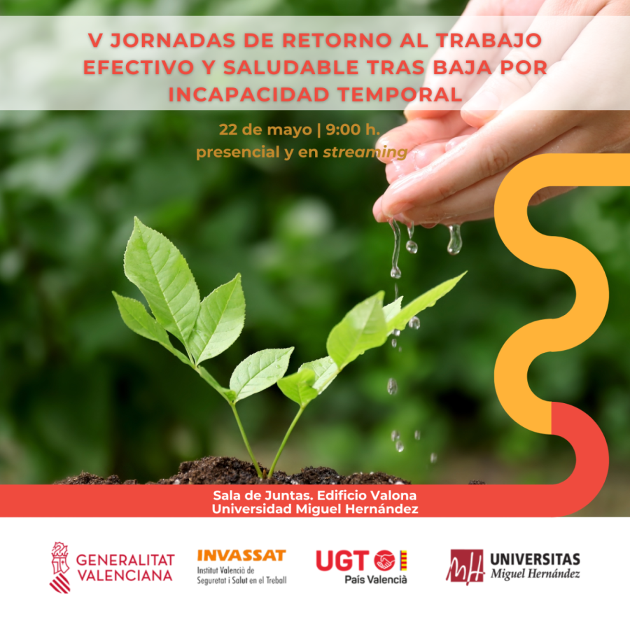 Cartel V jornadas de Retorno al trabajo el 22 de mayo en la sala de juntas del edificio valona UMH